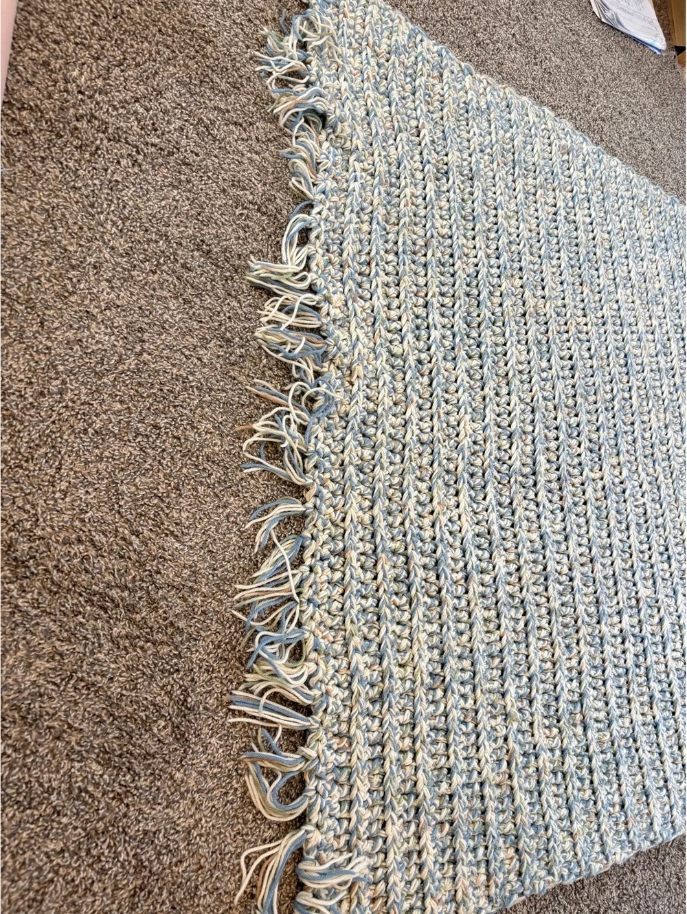Handmade crochet blanket 84in by 50 in Heavyweight blue, sage, cream